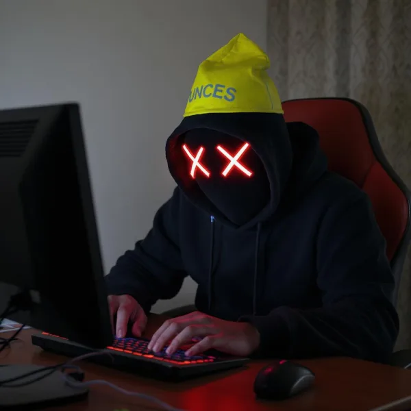 Computer hacker wearing a dunce cap hat