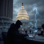 Hacker at the United States capitol with storm clouds and lightning behind him