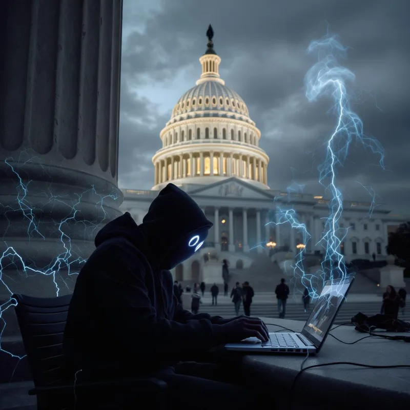 Hacker at the United States capitol with storm clouds and lightning behind him