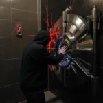 Hacker breaking into a locked bank safe