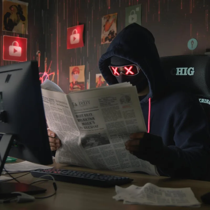 hacker reading a newspaper article