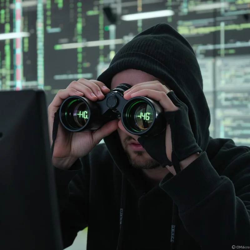 Hacker spying through binoculars
