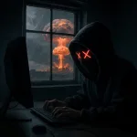 Hacker with atomic bomb explosion blast in the window