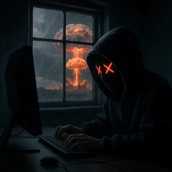 Hacker with atomic bomb explosion blast in the window