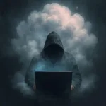 Hacker with dark clouds behind him