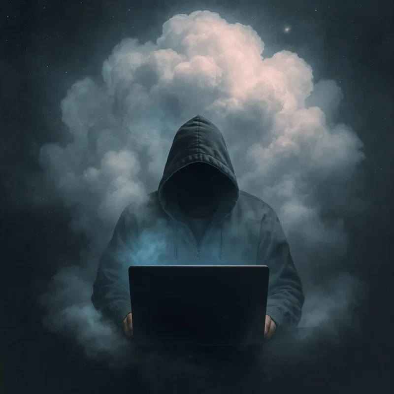 Hacker with dark clouds behind him