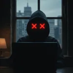 hacker with skyscraper buildings behind him