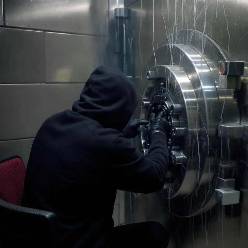 Hacker breaking into a locked bank safe