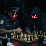 A hacker playing chess with a law enforcement police officer