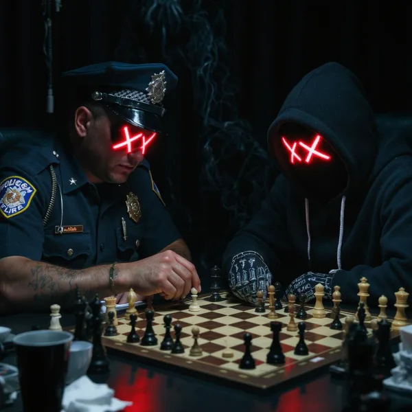 A hacker playing chess with a law enforcement police officer