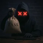 Computer hacker holding a cash money bag