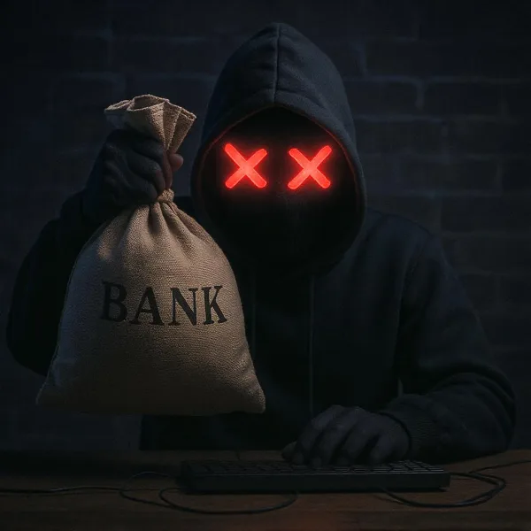 Computer hacker holding a cash money bag
