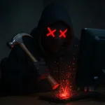 Computer hacker holding a hammer tool