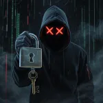 Computer hacker holding a large metal lock and key