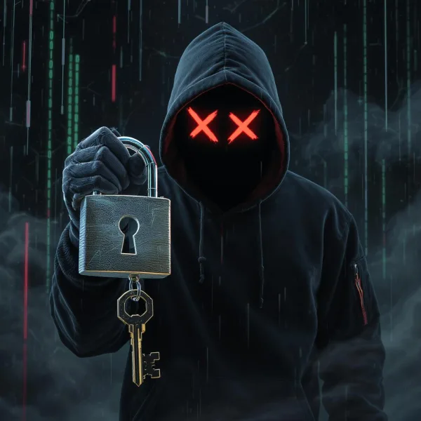 Computer hacker holding a large metal lock and key