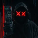 Computer hacker holding a large remote control