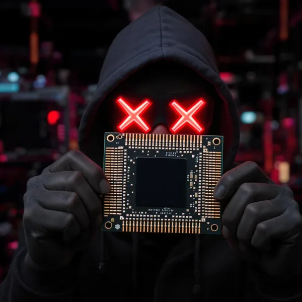 Computer hacker holding a silicon computer chip