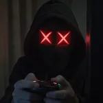Computer hacker holding a video game controller