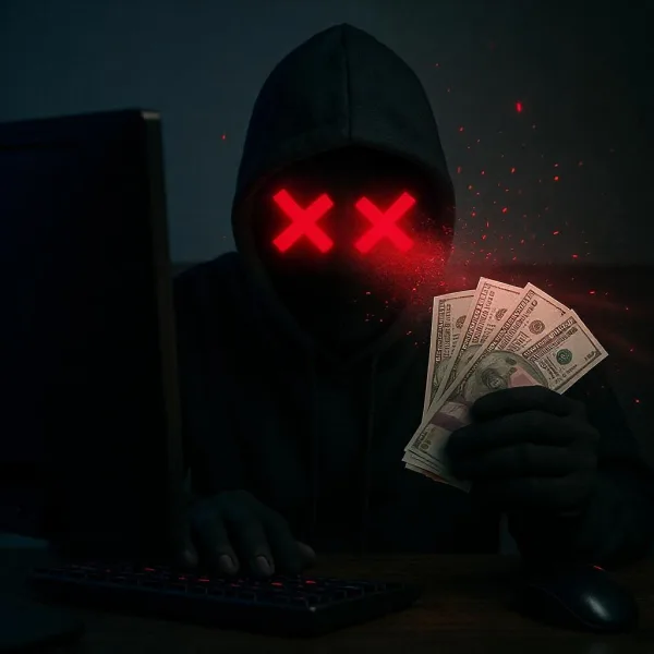 Computer hacker holding a wad of cash money