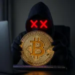 Computer hacker holding up a bitcoin