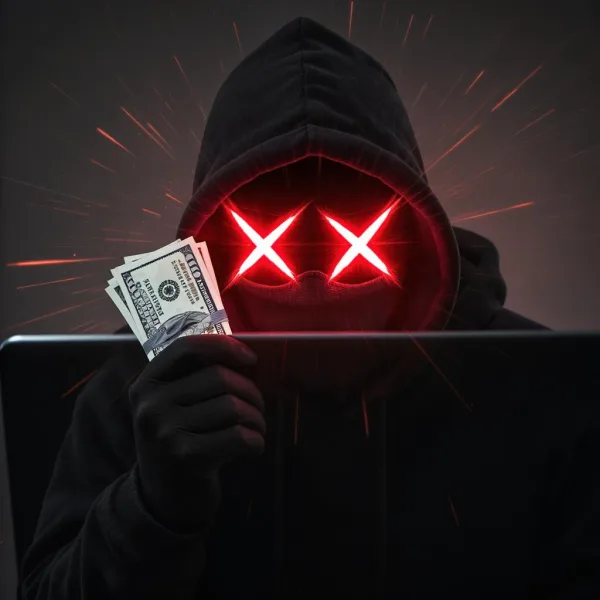 Computer hacker holding up cash