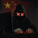 Computer hacker in front of a Chinese flag