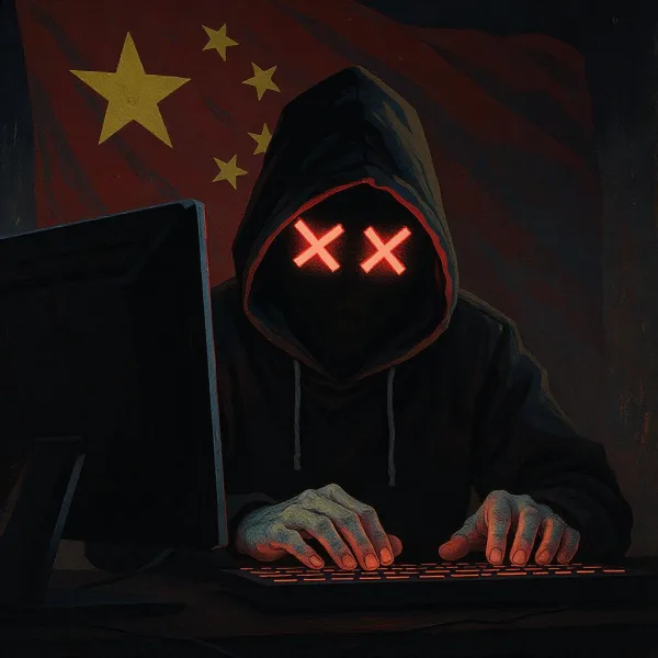 Computer hacker in front of a Chinese flag