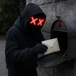 Computer hacker putting a letter into a mailbox