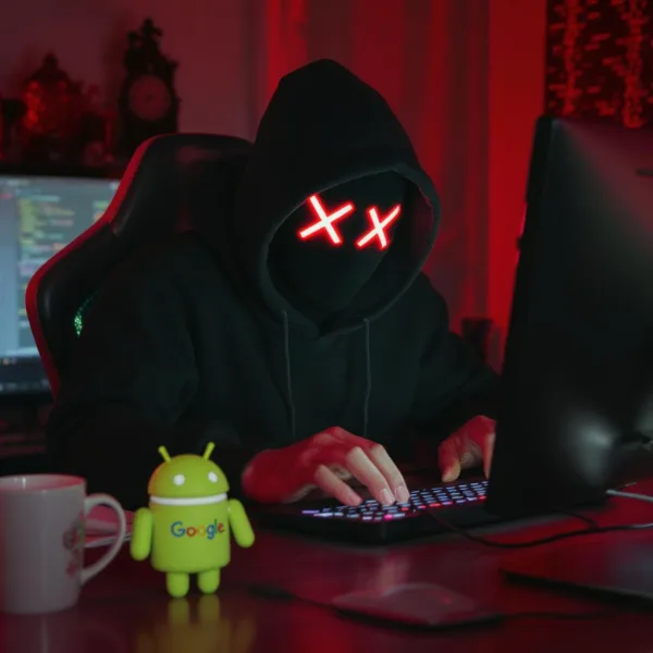 Computer hacker with Android robot on desk