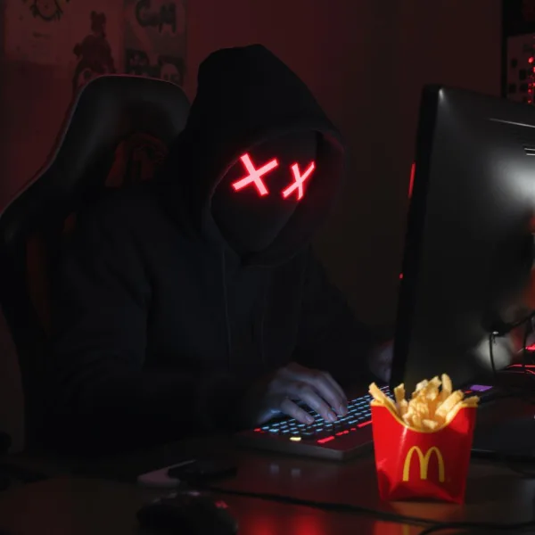Computer hacker with McDonalds French Fries on his desk