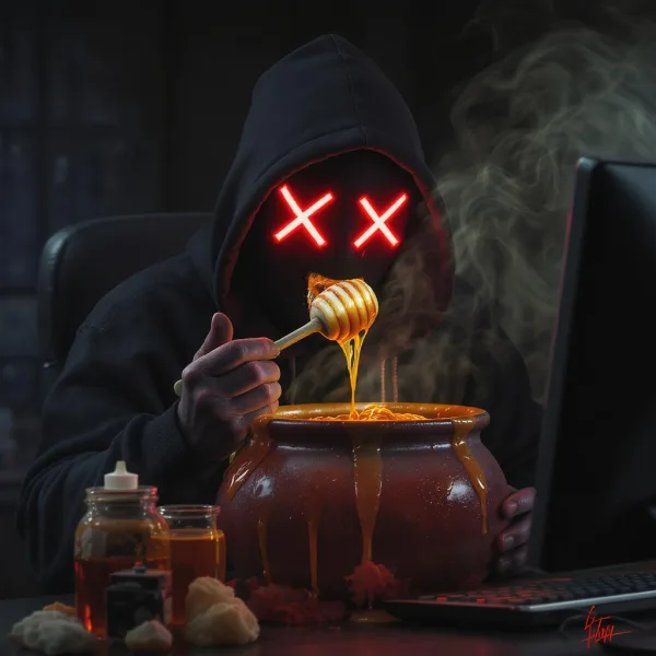 hacker drinking honey from a honeypot