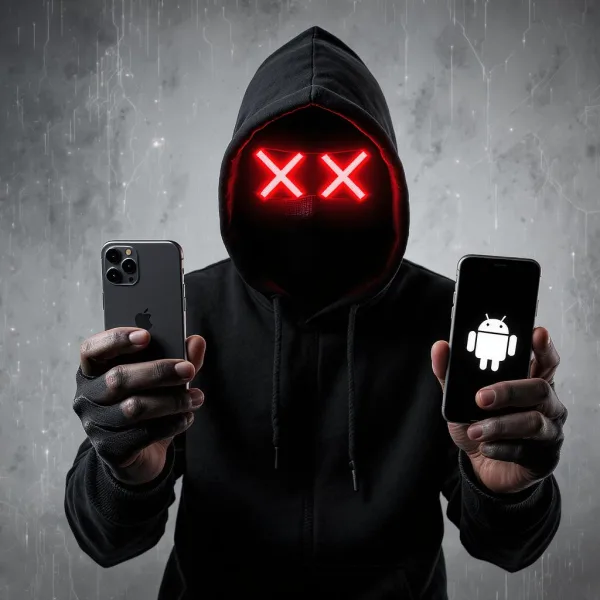 hacker holding a iphone and a android smartphone