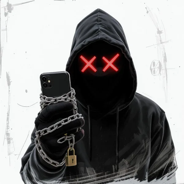 hacker holding a locked cellphone