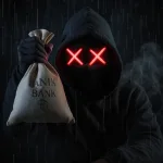 Hacker holding up a canvas bag of money