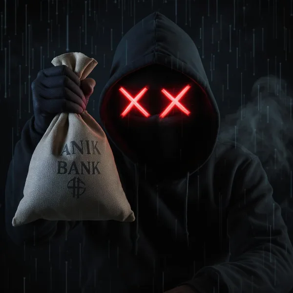 Hacker holding up a canvas bag of money