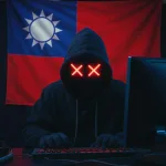 hacker in front of a flag