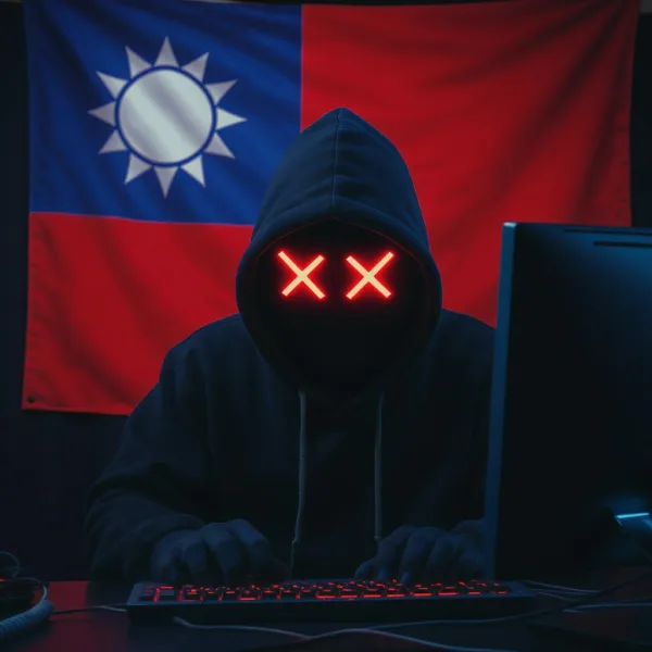 hacker in front of a flag