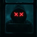 Hacker in front of a window with weather storm clouds in the window behind him