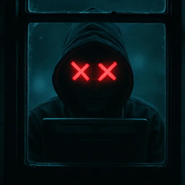 Hacker in front of a window with weather storm clouds in the window behind him