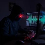 hacker on a terminal with radio wifi waves in the background