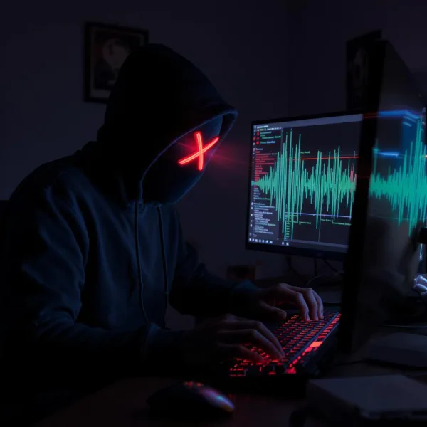 hacker on a terminal with radio wifi waves in the background