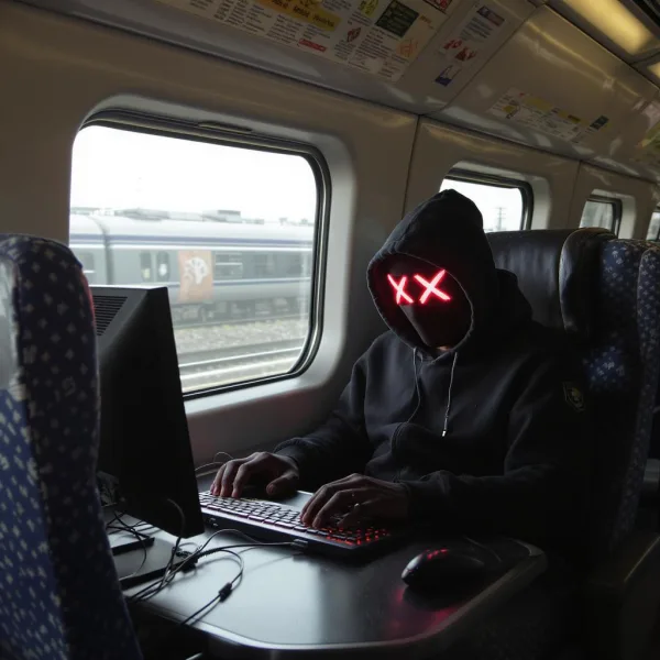 hacker riding on a subway train