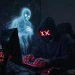 Hacker with a hooded ghost spirit watching him