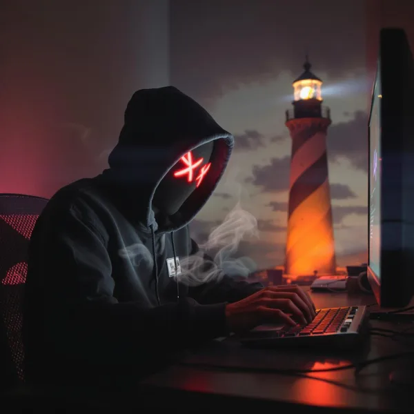 hacker with a lighthouse in the background