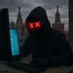 hacker with buildings in the background