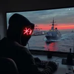 hacker with navy military ship in the background