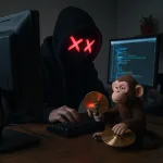 hacker with toy monkey on desk