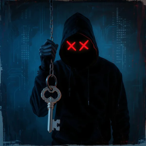 Computer hacker holding a large metal lock and key