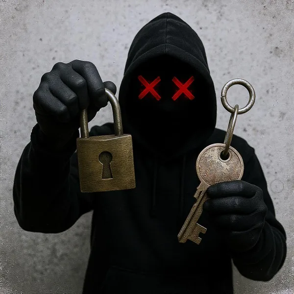 Computer hacker holding a large metal lock and key