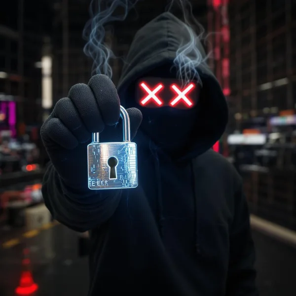 Computer hacker holding a large metal lock and key